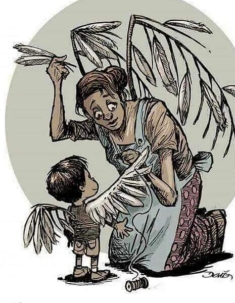 Painting of mom sewing feathers into child's wings - letting go.  Source Unknown