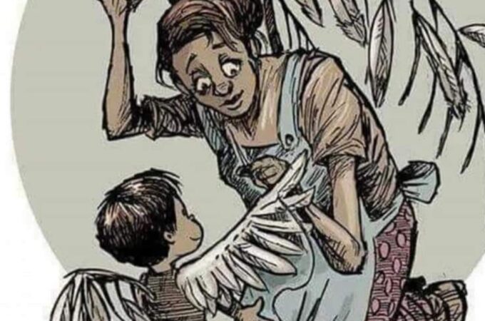 Painting of a mom sewing feather into a child's wings. Source Unknown