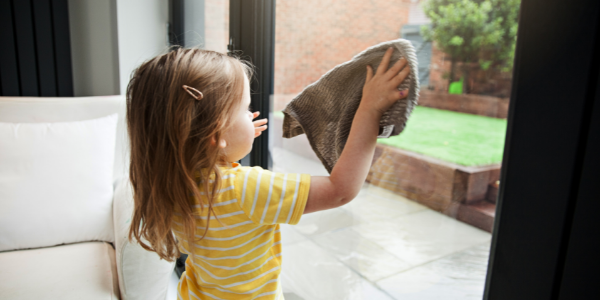 Child washing windows while doing chores.