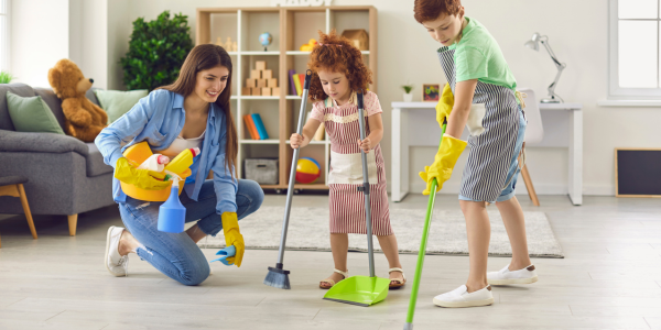 Mom cleaning with children.