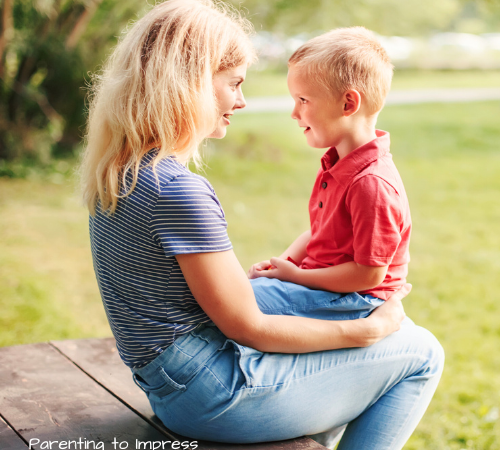 Mom and son talking.