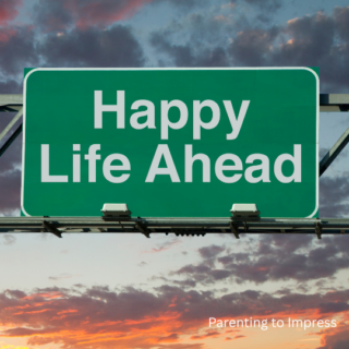 Road sign with "happy life ahead"