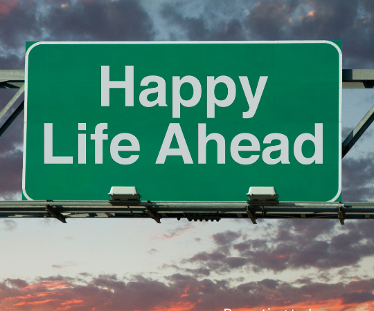 Road sign with "happy life ahead"