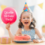 A little girl wearing a birthday hat, next to a birthday cake, holding a balloon that says "Salvation Birthday Party"
