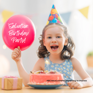 A little girl wearing a birthday hat, next to a birthday cake, holding a balloon that says "Salvation Birthday Party"