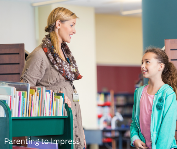 little girl using courage, standing in front of librarian asking for help