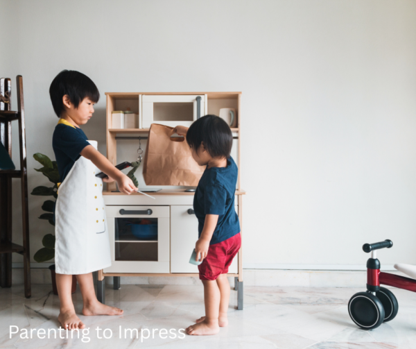 2 little boys pretending with play kitchen, role playing confident conversations