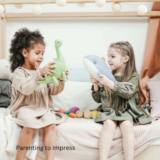 Two girls playing with stuffed animals, role playing.